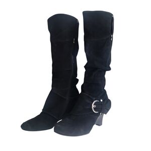 Black Suede Knee-High Wedge Heel Boots Women's Size 7